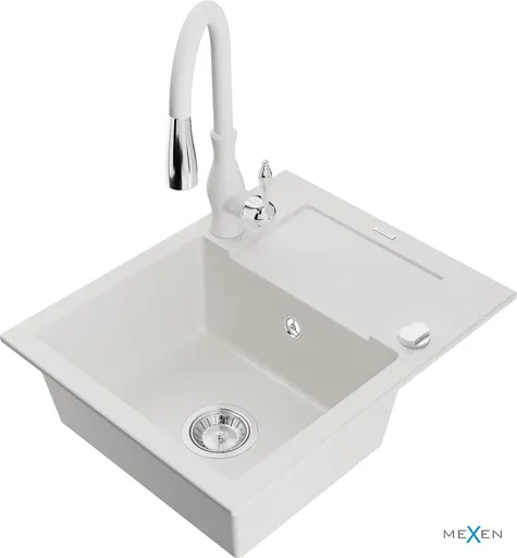 MEXEN/S MEXEN/S - Enzo granitový drez 1 s odkvapkávačom vrátane batérie Savita, biela 6506-20-672601-20