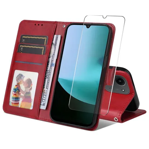 ENKAY PREMIUM SET Peňaženkové puzdro a ochranné sklo Xiaomi Redmi 15C / Redmi 15C 5G červené