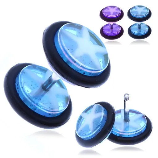 Nepravý plug do ucha z ocele - dúhové kolieska s hviezdou - Farba piercing: Fialová