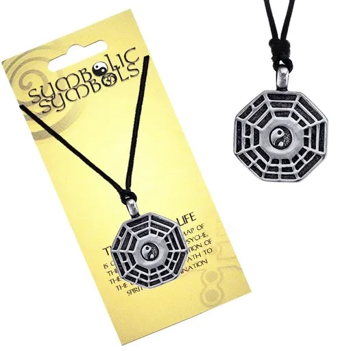Šnúrkový náhrdelník - kovový prívesok, trigramy a Jin Jang