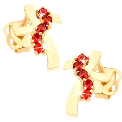 Zlaté náušnice 14K v tvare kríža s červenými zirkónmi