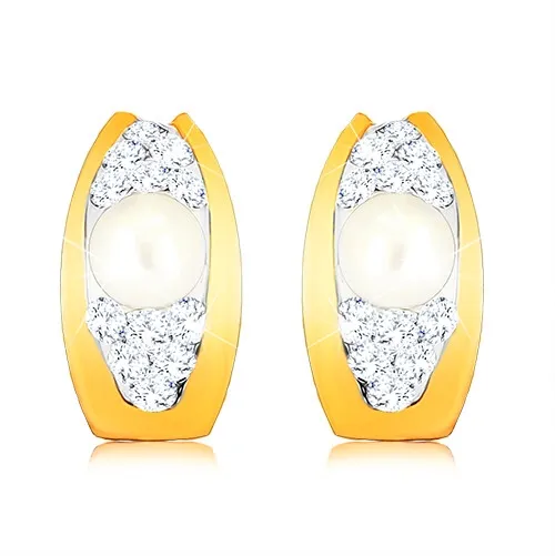 Zlaté náušnice 9K oblúky s krištáľmi Swarovski a kultivovanou perlou