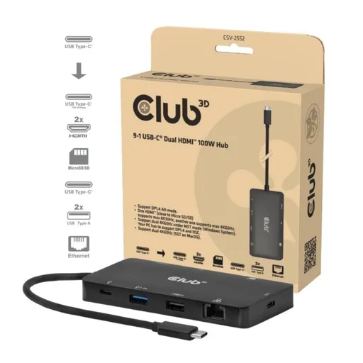 Club3D Dokovacia stanica USB-C 9v1, 2xHDMI, 1xUSB-C, 1xUSB-C PD, 2xUSB, 1xRJ45, microSD/SD, čierna