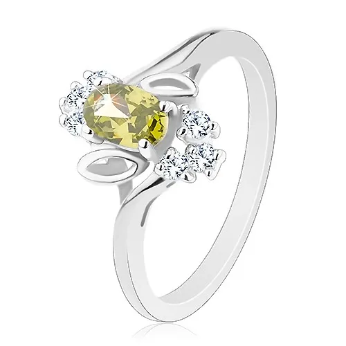 Prsteň v striebornom odtieni, svetlozelený brúsený ovál, lístočky, číre zirkóny - Veľkosť: 54 mm