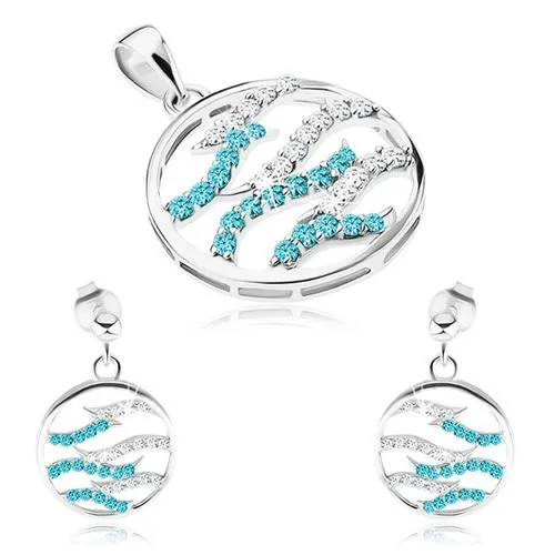 Strieborný set 925, náušnice a prívesok, kruh, číre a modré zirkónové vlnky