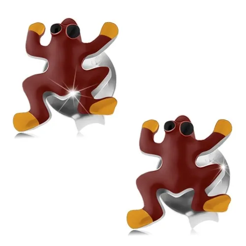 Puzetové náušnice, striebro 925, červeno-žltá žabka s čiernymi očkami