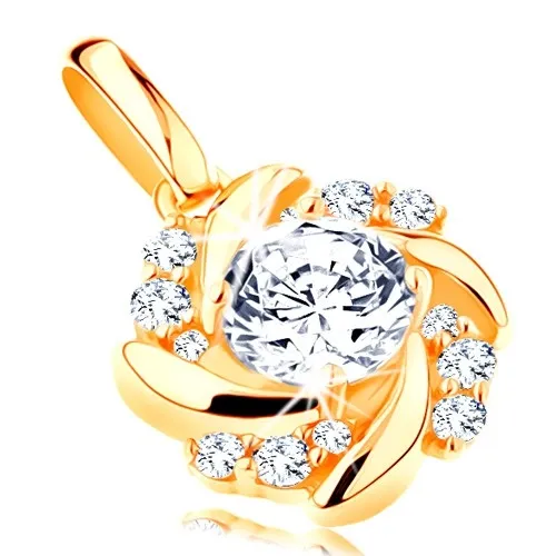 Prívesok v žltom 14K zlate - slnko, číry zirkón, zatočené trblietavé lúče