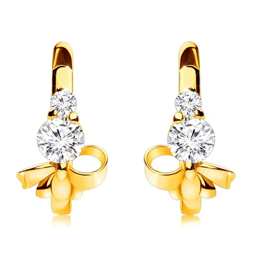 Zlaté náušnice 14K oblúk s čírymi zirkónmi a zlatou mašľou