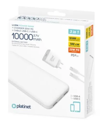 PLATINET POWER BANK 10000 mAh + PD CHARGER 20W + USB-C kábel biela