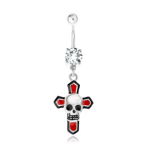 Piercing do pupku, oceľ 316L, glazovaný kríž, číry zirkón, lebka - svieti v tme
