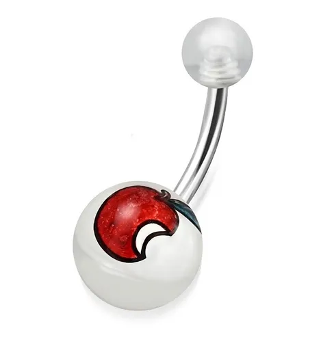 Piercing do bruška z ocele a akrylu - transparentné guľôčky, nahryznuté jablko