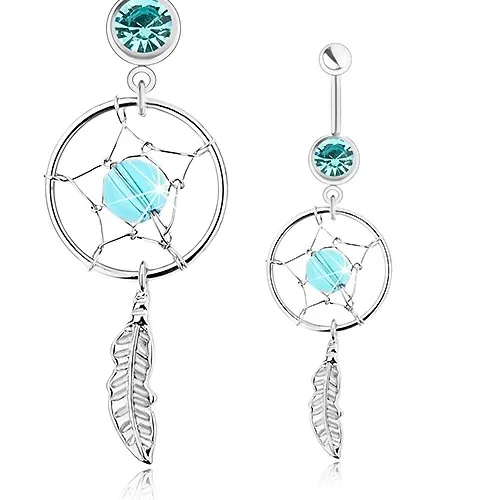 Piercing do pupka, chirurgická oceľ, lapač snov, svetlomodrá korálka, pierko