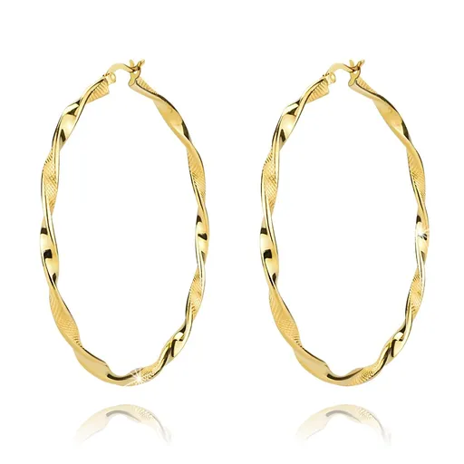 Strieborné 925 náušnice - výrazné zatočené kruhy zlatej farby, jemné mriežky, francúzsky zámok, 55 mm