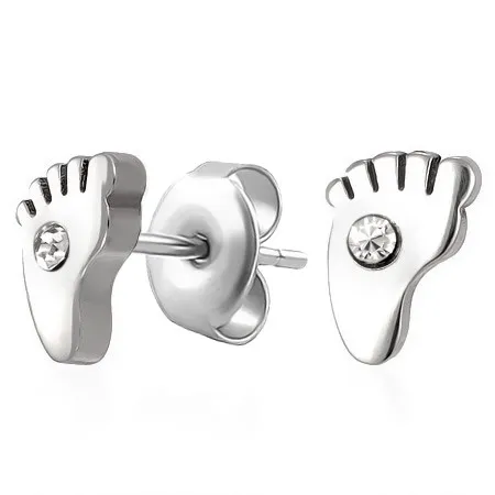 Oceľové náušnice, stopa chodidla so zirkónom čírej farby, puzetky