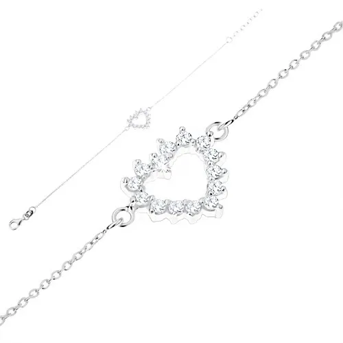 Strieborný náramok 925, jemná retiazka, kontúra srdca - číre zirkóny