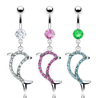Piercing do pupku delfín so zirkónmi - Farba zirkónu: Ružová - P