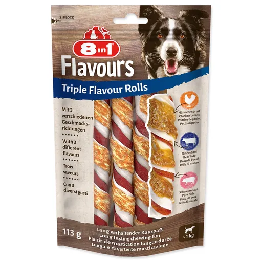 8in1 Triple Flavour Doplnková kŕmna zmes pre psov s balenými pochúťkami 113 g