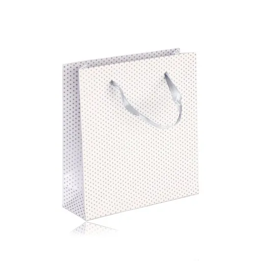 Papierová darčeková taštička - biela farba, strieborné bodky, hladký povrch