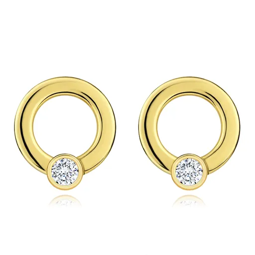 Zlaté diamantové náušnice 585 - lesklá obruč s briliantom čírej farby