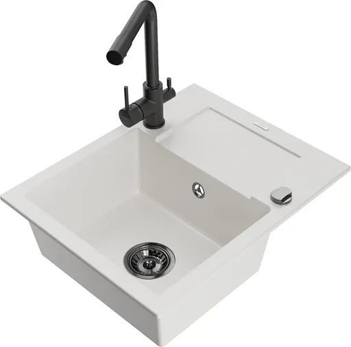 MEXEN/S MEXEN/S - Enzo granitový drez 1-miska s odkvapkávačom vrátane batérie Duero, biela 6506-20-671600-70