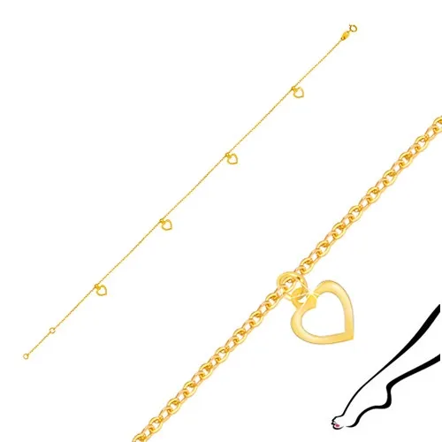 Náramok na členok zo žltého 9K zlata - kontúry srdiečok s výrezom, oválne články