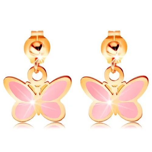 Zlaté náušnice 585 - lesklá gulička a visiaci ružový motýlik, glazúra