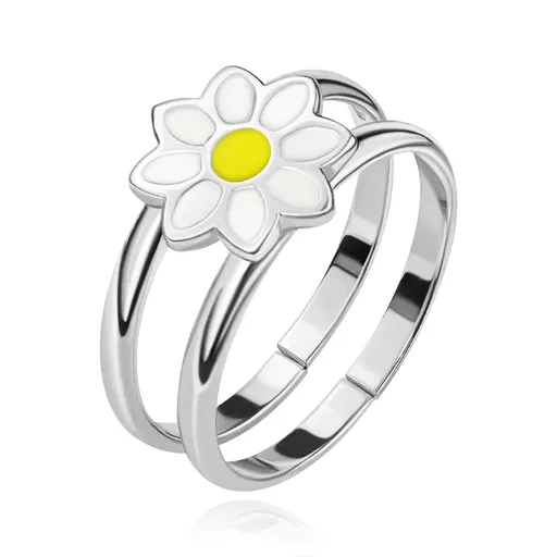 Strieborný prsteň 925 - zdvojené obruče s margarétkou, nastaviteľný