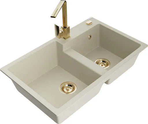 MEXEN/S MEXEN/S - Tomas granitový drez 2-bowl vrátane batérie Rita, béžová 6516-69-670300-50
