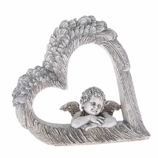 Dekorácia srdca s anjelom, šedá, polyresin, 14,5 x 13,5 x 4 cm