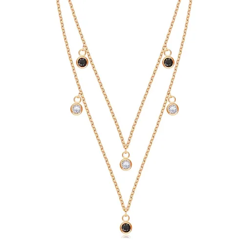 Náhrdelník zo striebra 925 - medená farba, dvojitá retiazka, číre a čierne zirkóny
