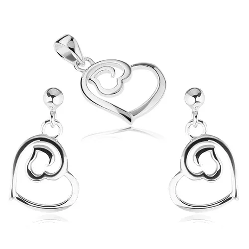 Strieborná sada 925 - puzetové náušnice a prívesok, dve kontúry srdiečok