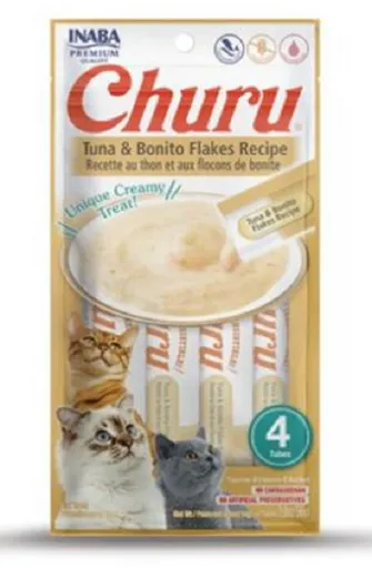 Maškrta pre mačky Inaba Churu Pyré cat Tuniak s bonito vločkami 4tuby, 56g