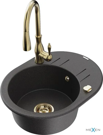 MEXEN/S MEXEN/S - Kevin granitový drez 1 s odkvapkávačom vrátane batérie Savita, čierna kropenatá 6517-76-672601-50