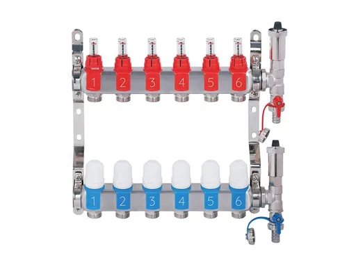 Nerezový rozdeľovač hranatý s automatickým odvzdušnením - 6 cestný