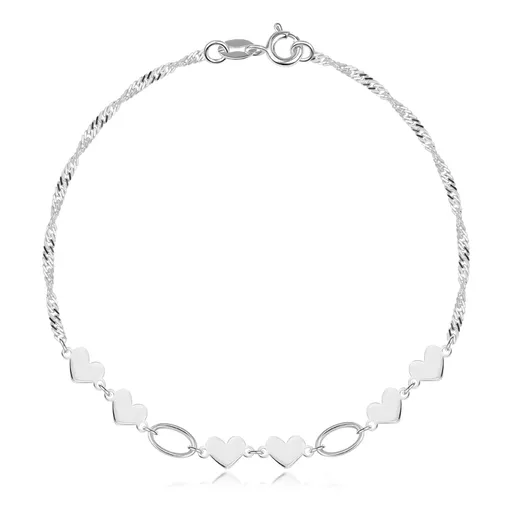 Náramok zo striebra 925 - ploché zrkadlovo lesklé srdcia, oválne očká