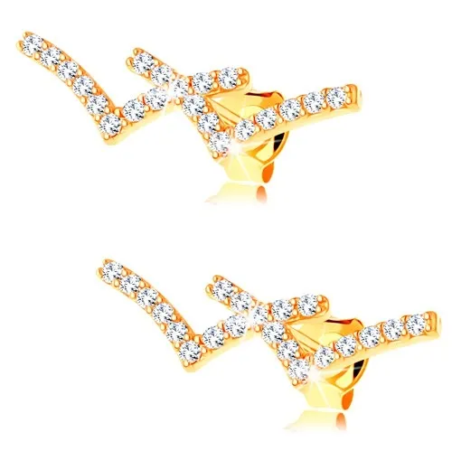 Zlaté náušnice 585 - trblietavé W zdobené čírymi okrúhlymi zirkónikmi