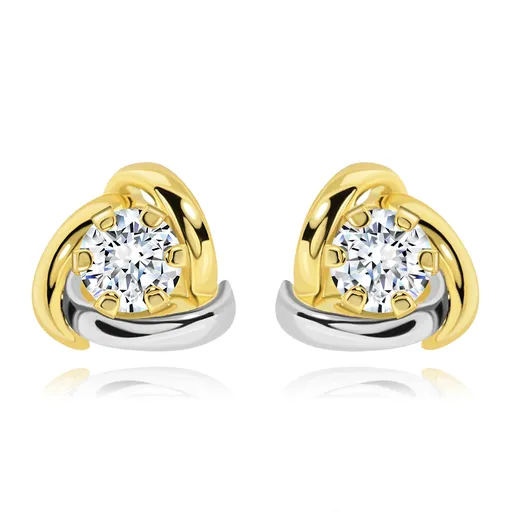 Náušnice zo žltého 14K zlata - dvojfarebné oblúky lemujúce číry zirkón