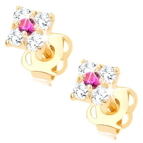Zlaté náušnice 14K so štvorcovým dizajnom a ružovým zirkónom