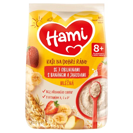 HAMI Mliečna kaša so 7 obilninami s banánom a jahodami na Dobré ráno 8m+ 210 g