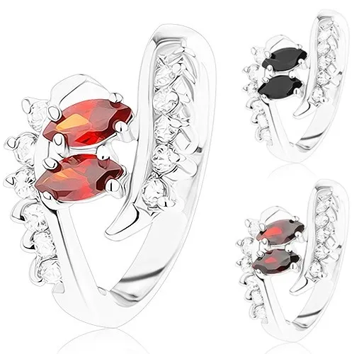 Ligotavý prsteň striebornej farby, zahnuté konce ramien, číre a farebné zirkóny - Veľkosť: 51 mm, Farba: Červená