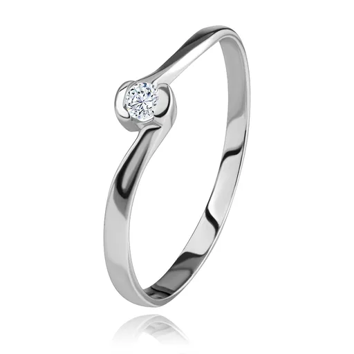 Prsteň z bieleho 14K zlata - číry diamant medzi zahnutými koncami ramien - Veľkosť: 56 mm