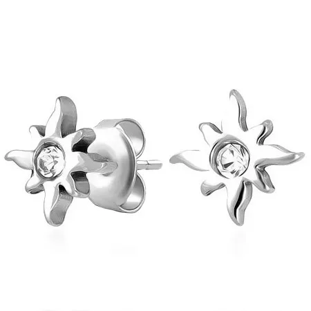 Puzetové náušnice, oceľ 316L, strieborná farba, slniečko, číry zirkón