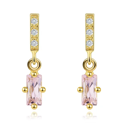 Zlaté náušnice 14K so svetloružovým zirkónom v obdĺžnikovom výbruse
