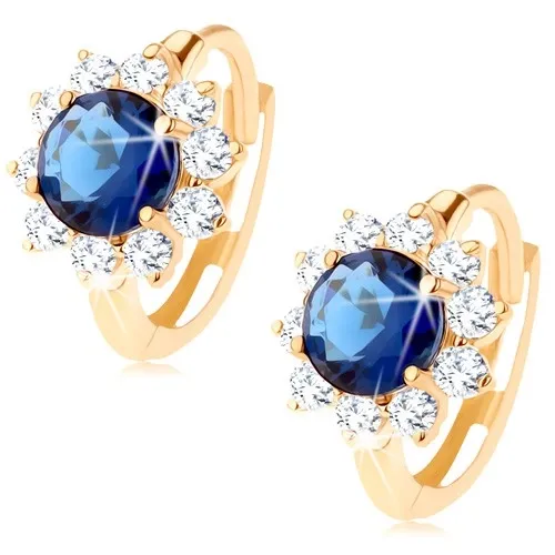 Zlaté okrúhle náušnice 14K kvet so syntetickým zafírom a zirkónmi