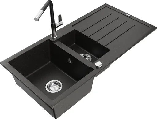 MEXEN/S MEXEN/S - Andres granitový drez s odkvapkávačom vrátane batérie Flora, čierna/zlatá metalik 6515-75-670401-07