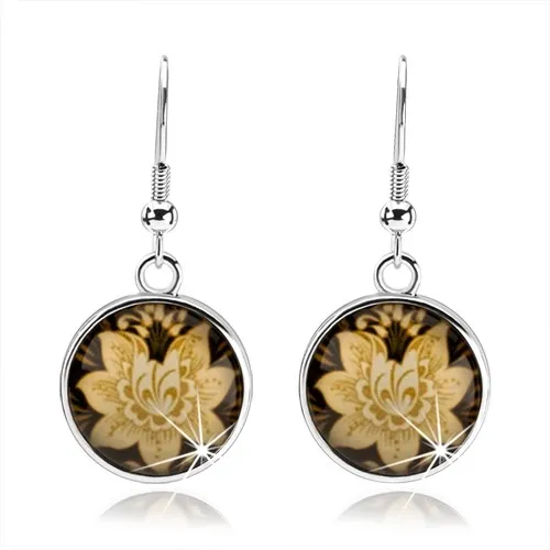 Náušnice kabošon, kruh s afroháčikom, glazúra, žltý kvet, čierny podklad