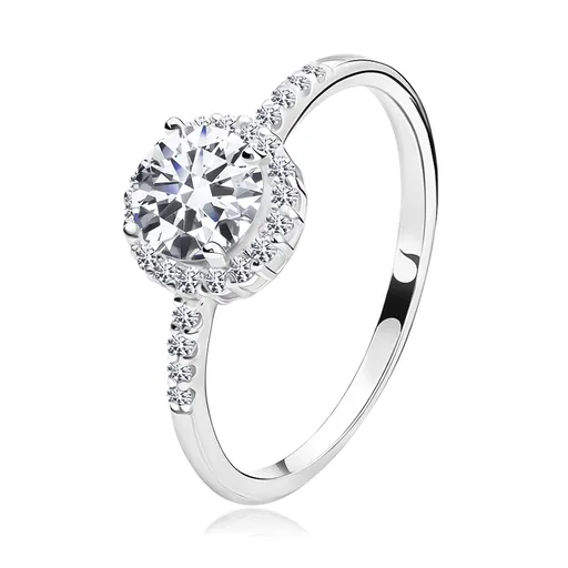 Prsteň zo striebra 925 - číry zirkón uprostred, zirkónový lem a ramená - Veľkosť: 47 mm