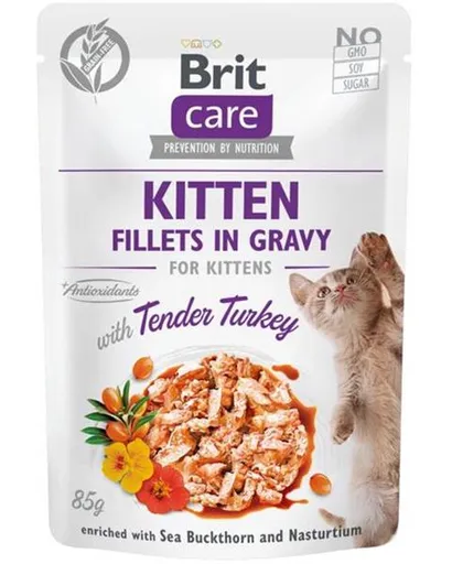 Brit Care cat bezobilné filety s morčacím mäsom, rakytníkom a kapucínkou v omáčke pre mačiatka 24x85g
