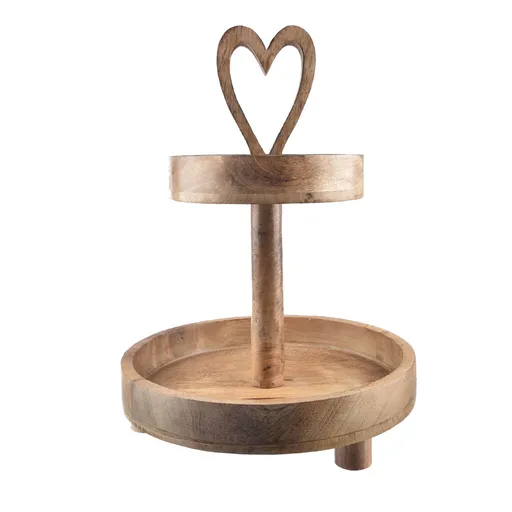 InDecor Dekoračný stojan z mangového dreva Srdce 2 poschodia, 30 x 30 x 42 cm