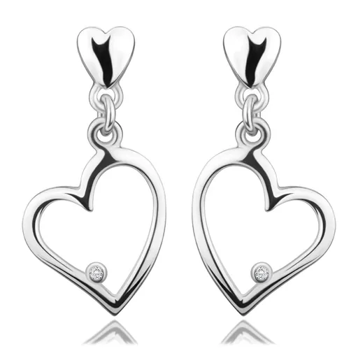 Diamantové náušnice zo striebra 925 - srdiečka s čírym briliantom, puzetky